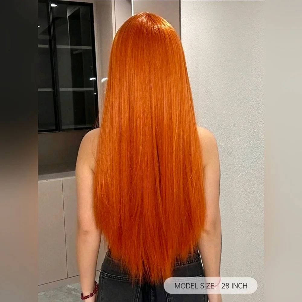 28 Inch Ginger Orange Straight Synthetic Hair Wig With Bang